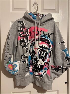 Gray Crewneck Smoke Rise Hoodie Neon Skull Graphic - unisex Streetwear size XL